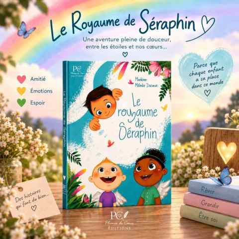 L'album illustré le royaume de Séraphin posé sur une table entre deux plantes. Sur la couverture, on voit trois bébés avec des ailes qui sourient.